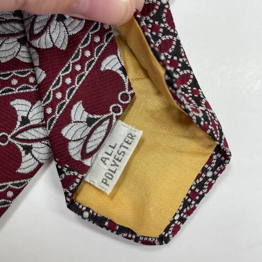 Vintage Burdine's Necktie Men Burgundy Geometric Floral 1970s Wide Tie Retro